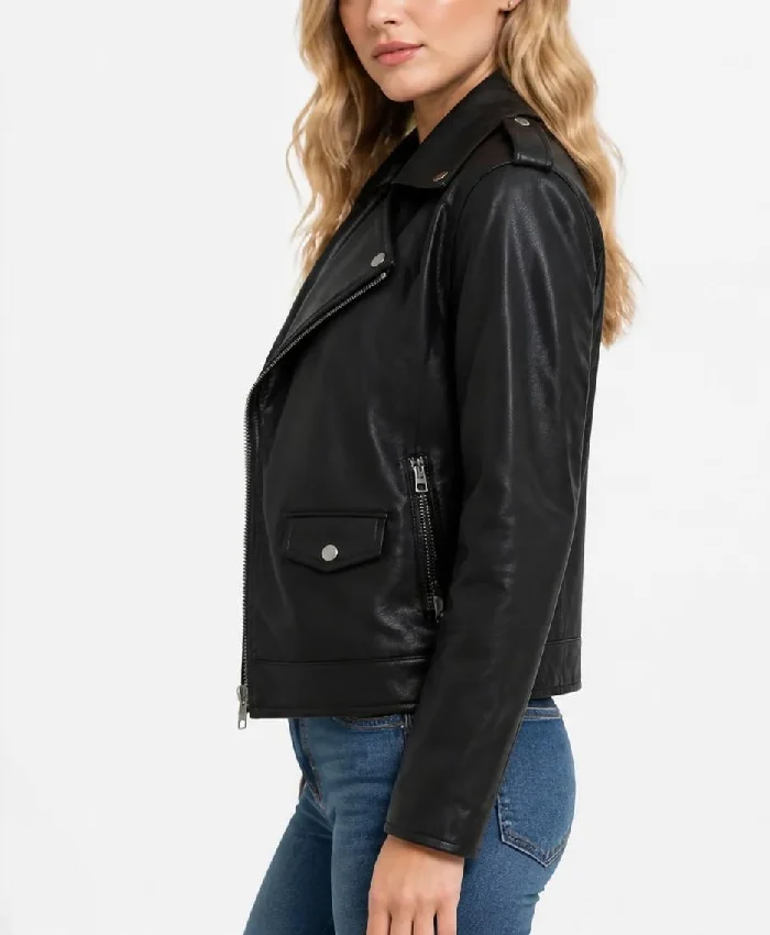 Real Leather Black Asymmetrical Biker Style Jacket For Womens
