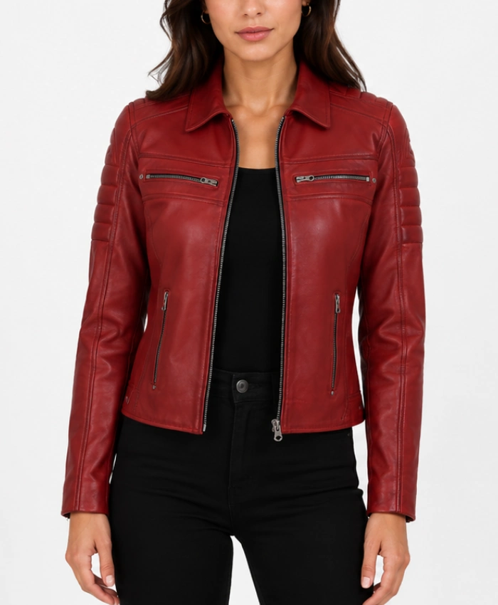 Womens Red Biker Style Real Leather Jacket