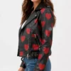 Red Hearts Motorcycle Leather Jacket For Womens
