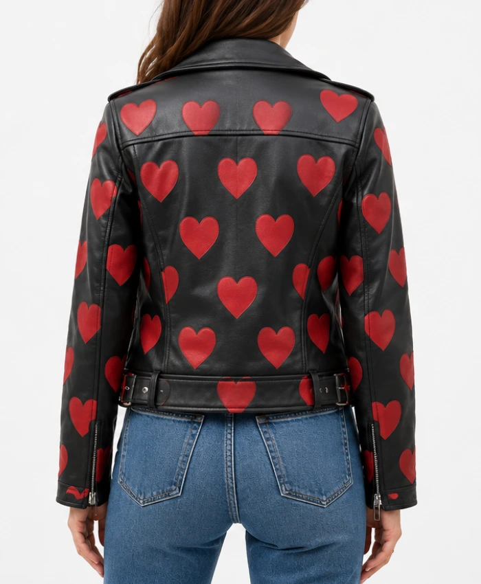 Womens Red Hearts Motorcycle Leather Jacket