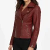 Red Leather Asymmetrical Biker Jacket For Women