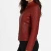 Red Quilted Cafe Racer Leather Jacket For Women