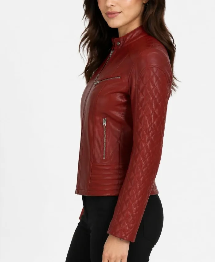 Red Quilted Cafe Racer Leather Jacket For Women