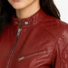 Red Quilted Cafe Racer Leather Jacket For Womens