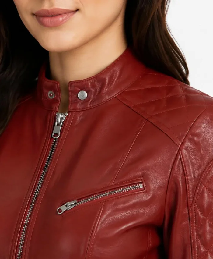 Red Quilted Cafe Racer Leather Jacket For Womens