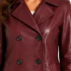 Regular Fit Maroon Double Breasted Leather Peacoat For Women