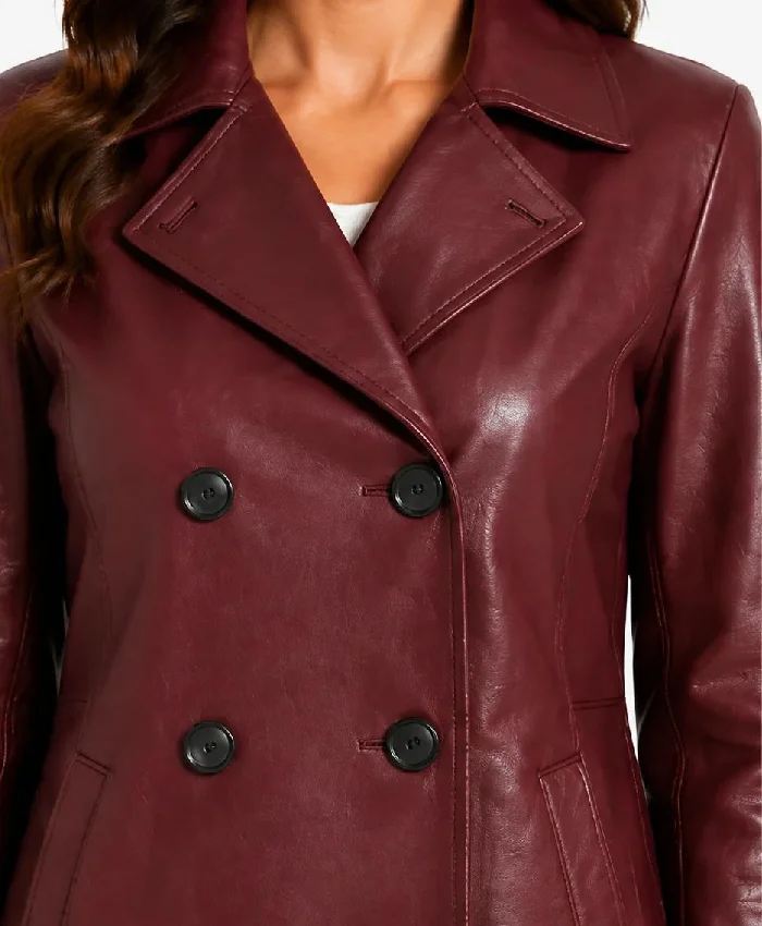 Regular Fit Maroon Double Breasted Leather Peacoat For Women