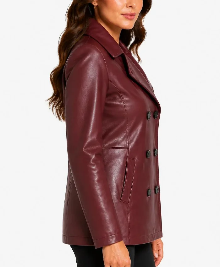Regular Fit Maroon Double Breasted Leather Peacoat For Womens