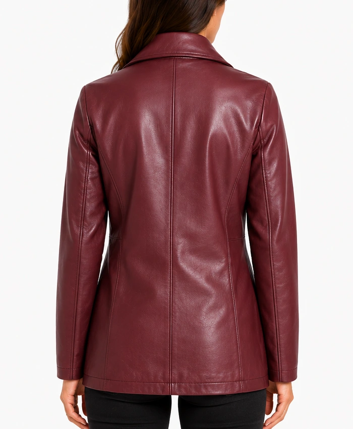 Womens Regular Fit Maroon Double Breasted Leather Peacoat