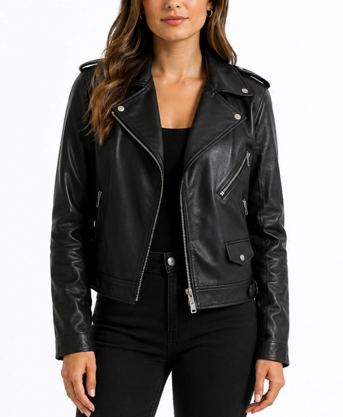Rita Womens Asymmetrical Black Biker Style Leather Jacket