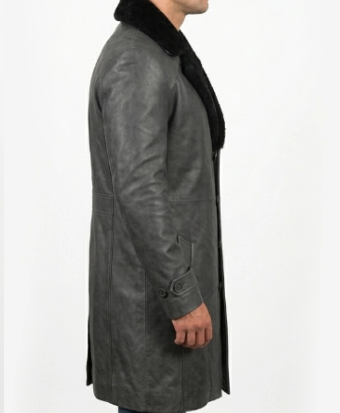Mens Shearling Collar Long Leather Trench Coat for sale