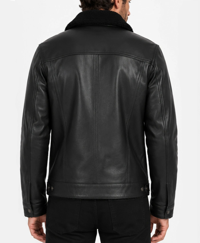 Mens Cognac Black Real Leather Trucker Jacket with Sherpa Lined
