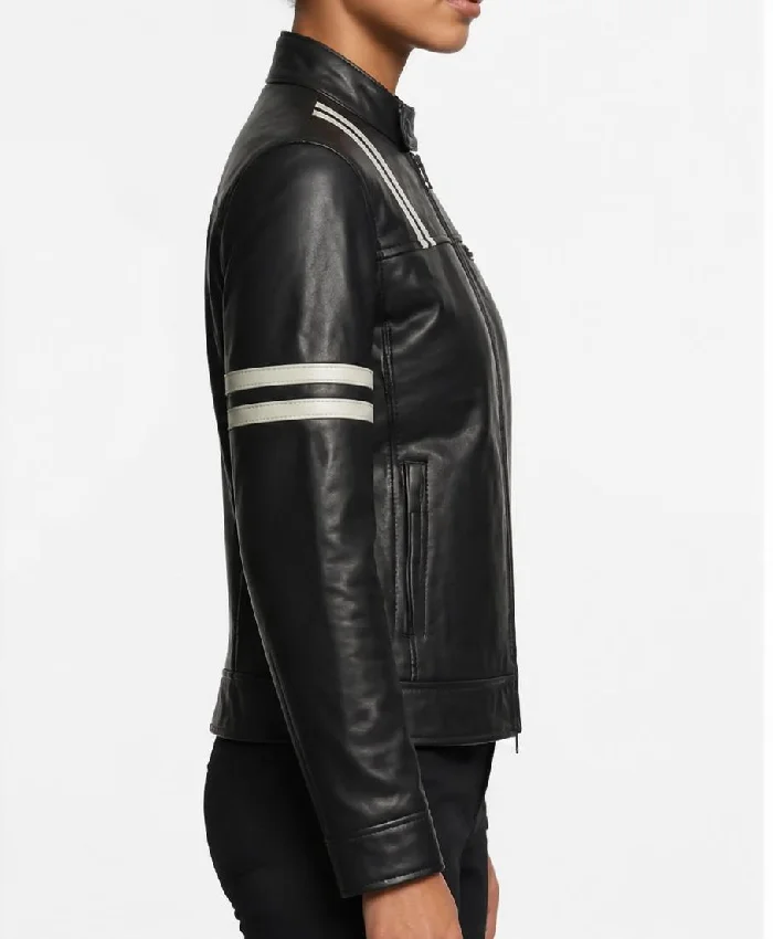 Striped Black Biker Leather Jacket For Women