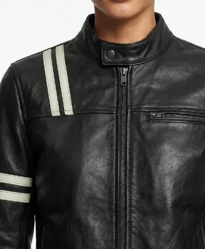 Striped Black Biker Leather Jacket For Womens