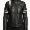 Women Striped Black Leather Biker Jacket