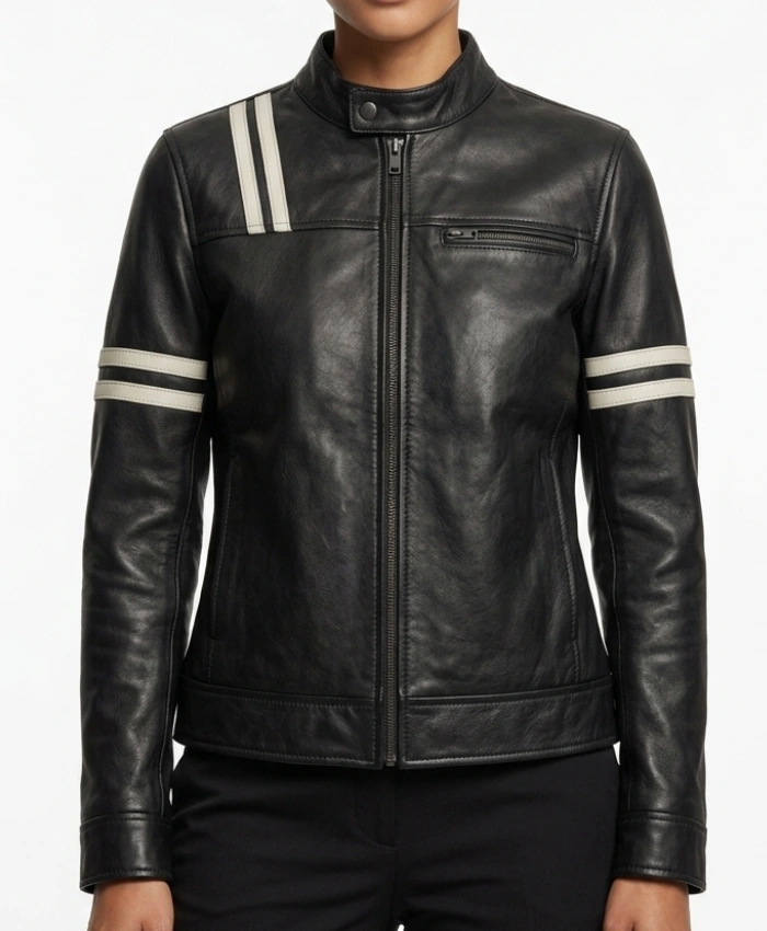Women Striped Black Leather Biker Jacket