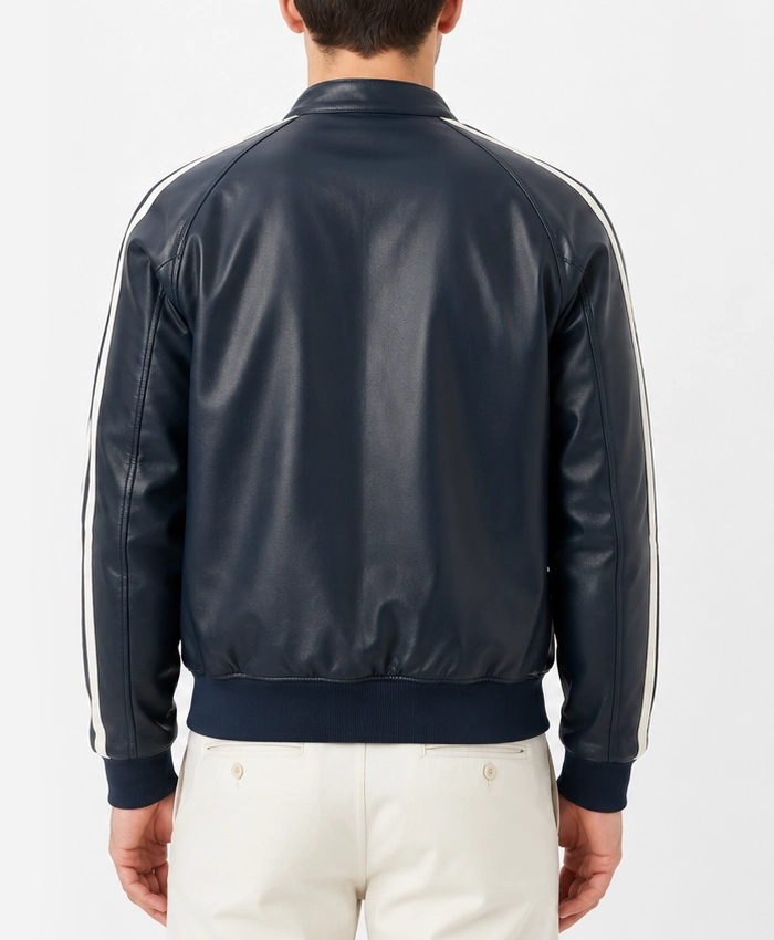 Mens Striped Sleeves Navy Leather Jacket