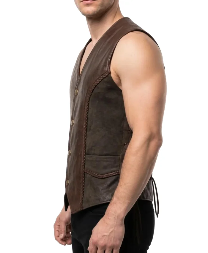 Suede Motorcycle Biker Vest with Braided Design For Mens