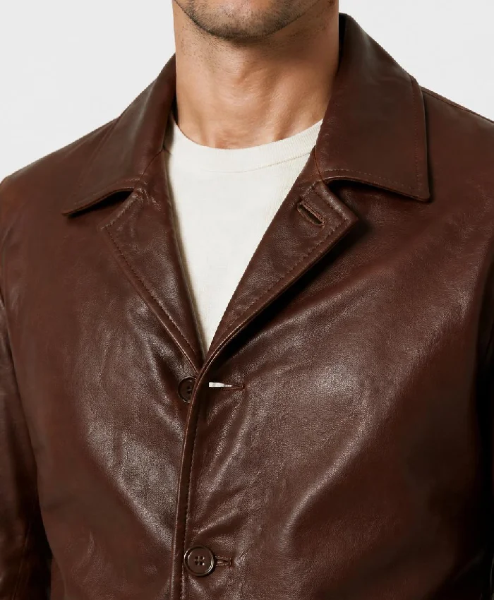 Tan Distressed Leather Car Coat 3-4 Length For Men