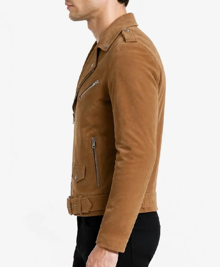 Tan Suede Biker Style Jacket For Mens