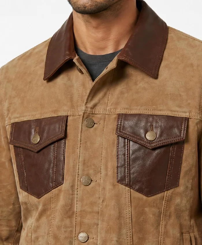 Tan Suede Jacket with Leather Detail For Men