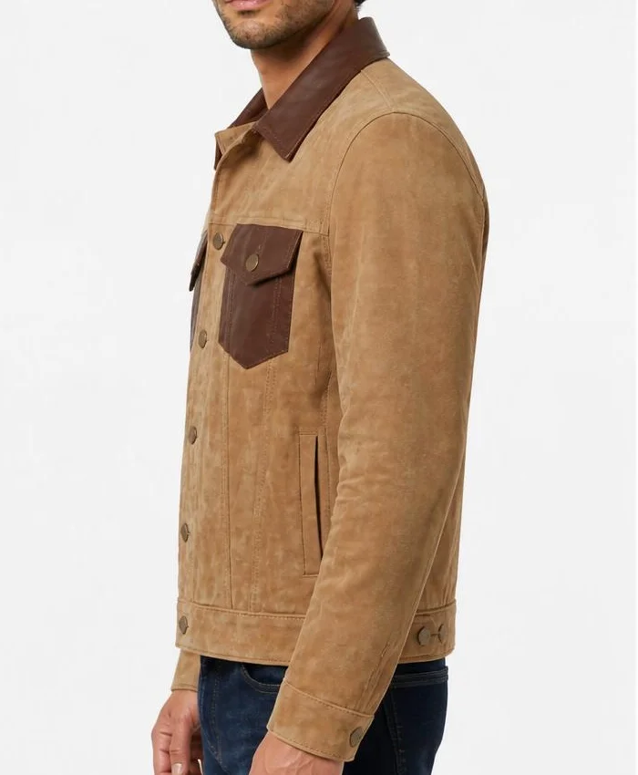 Mens Tan Suede Jacket with Leather Detail - Image 2