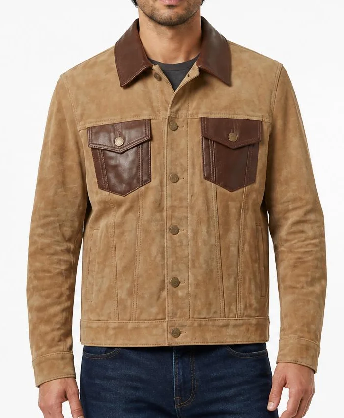 Tan Suede Jacket with Leather Detail Mens