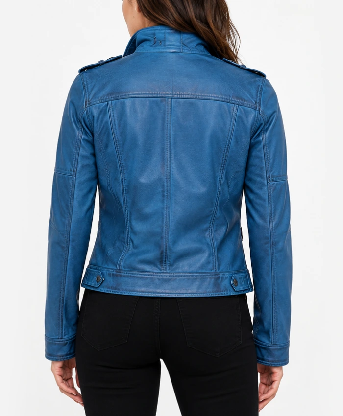 Tavares Womens Vivid Blue Biker Style Leather Jacket