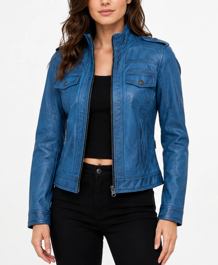 Tavares Womens Vivid Blue Biker Leather Style Jacket