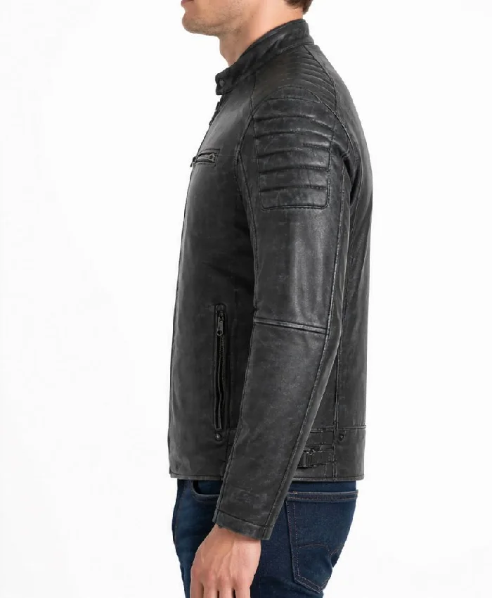 Washed Black Cafe Racer Distressed Jacket For Men