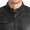 Washed Black Cafe Racer Distressed Jacket For Mens