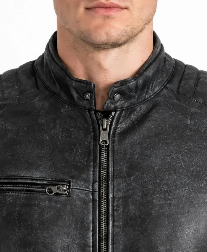 Washed Black Cafe Racer Distressed Jacket For Mens