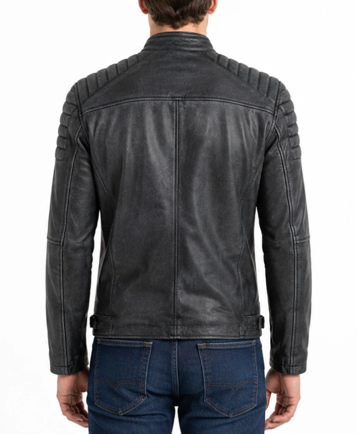 Men's Washed Black Distressed Cafe Racer Jacket