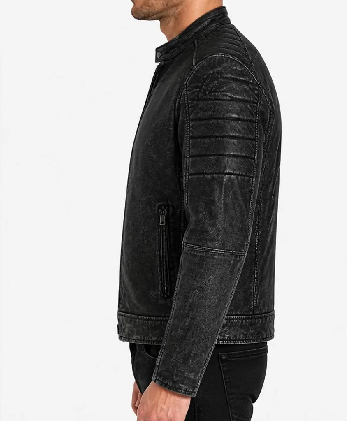 Washed Black Distressed Cafe Racer Leather Jacket For Men