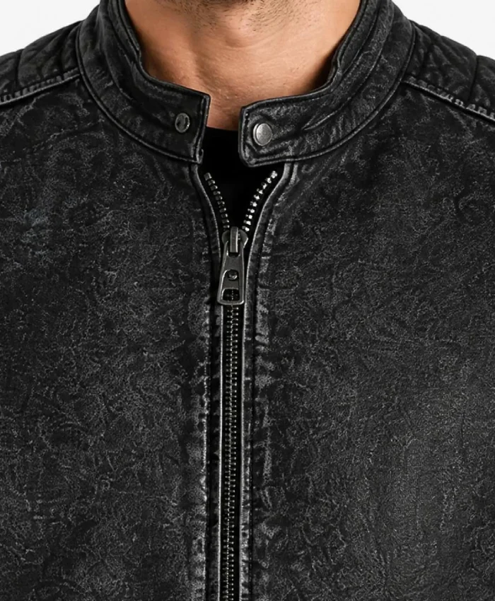 Washed Black Distressed Cafe Racer Leather Jacket For Mens