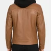 Mens Cognac Wax Leather Jacket with Removable Hood