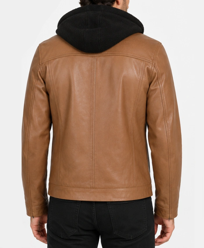 Mens Cognac Wax Leather Jacket with Removable Hood