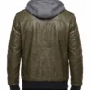 Olive Green Leather Jacket with Removable Hood