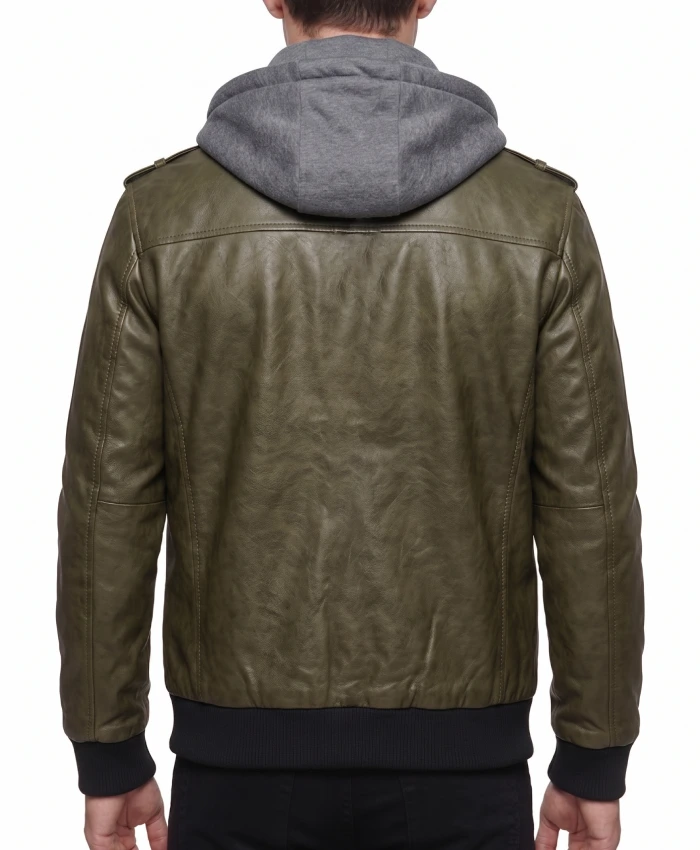 Olive Green Leather Jacket with Removable Hood