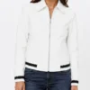 White Varsity Leather Jacket For Womens