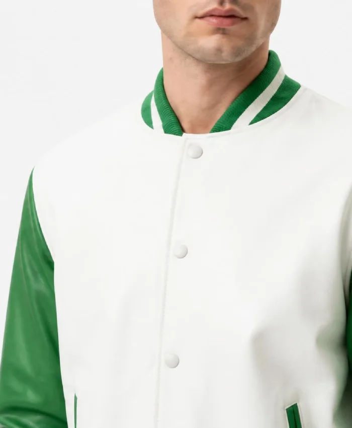 White and Green Leather Varsity Jacket Men