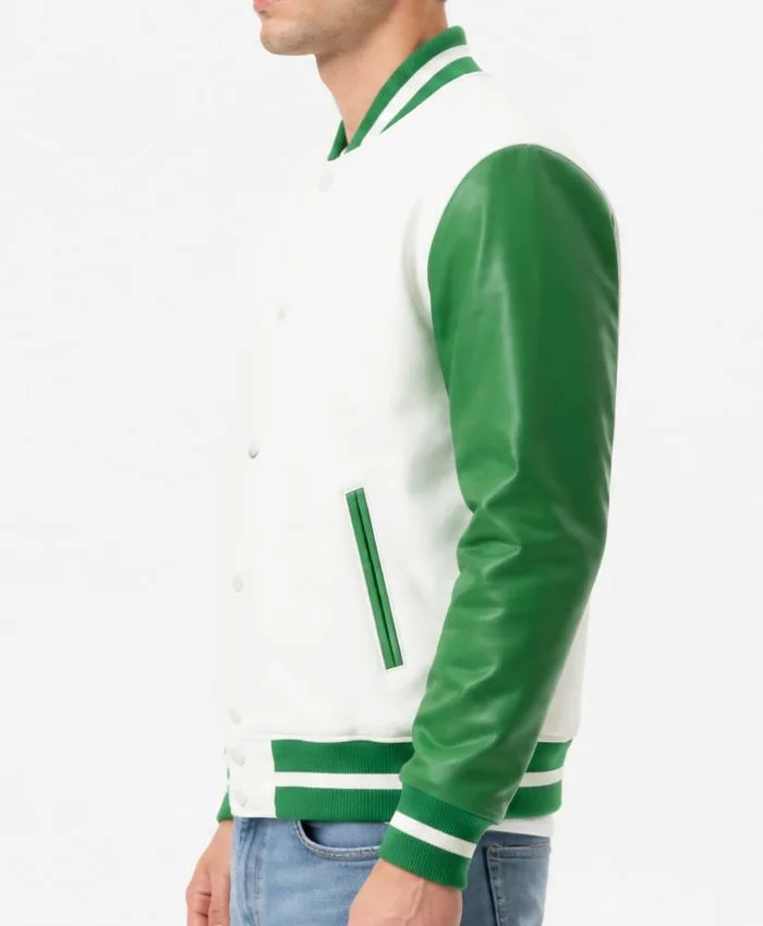 White and Green Leather Varsity Jacket Mens