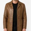Mens Winchester Camel Brown 34 Length Leather Car Coat