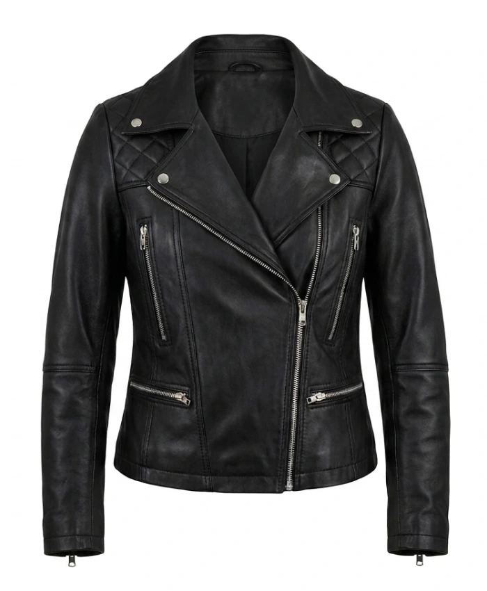 Black Biker Asymmetrical Zipper Quilted Shoulder Leather Jacket