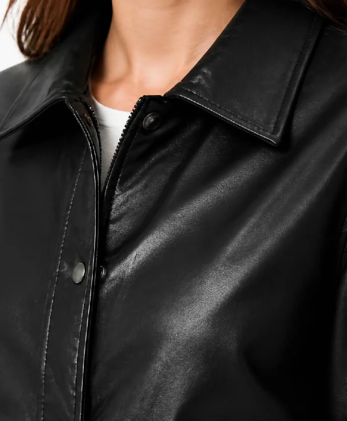Women Jose Black Shirt Collar Harrington Leather Jacket