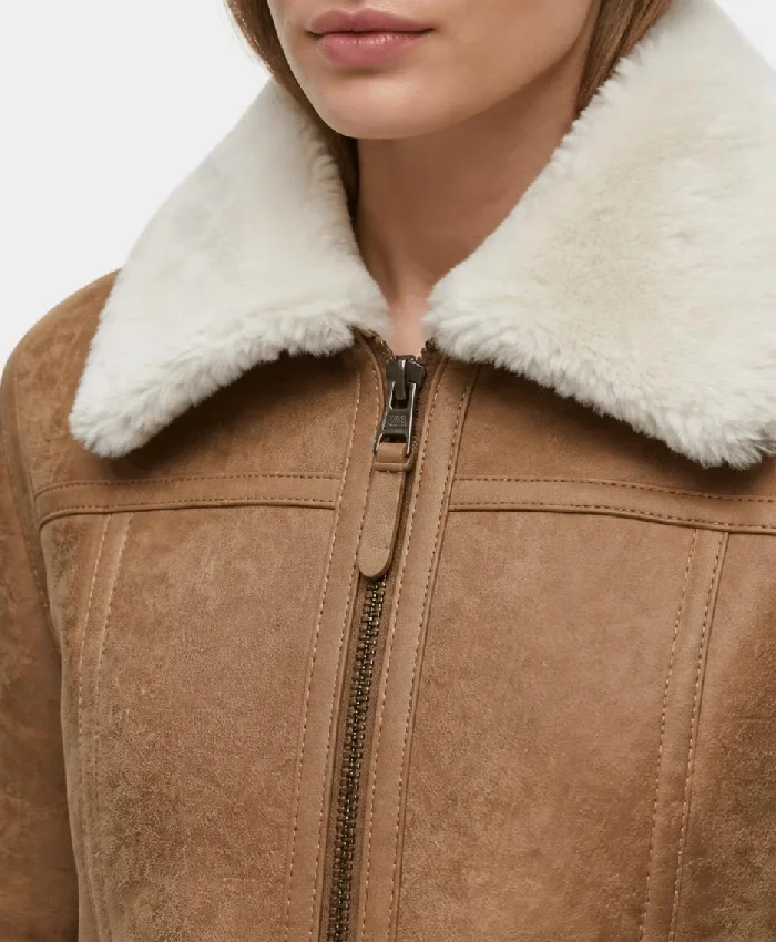 Women Nymeria Tan Suede Shearling Jacket