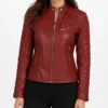 Buy Women Red Quilted Cafe Racer Leather Jacket