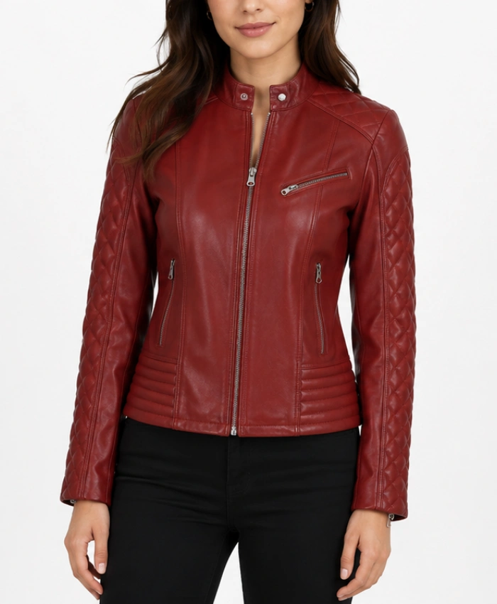 Buy Women Red Quilted Cafe Racer Leather Jacket
