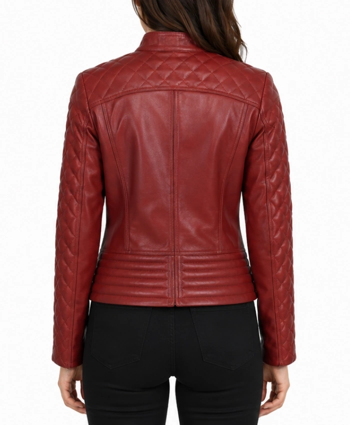 Women Red Quilted Leather Cafe Racer Jacket