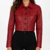 Women Red Wax Cropped Leather Harrington Jacket